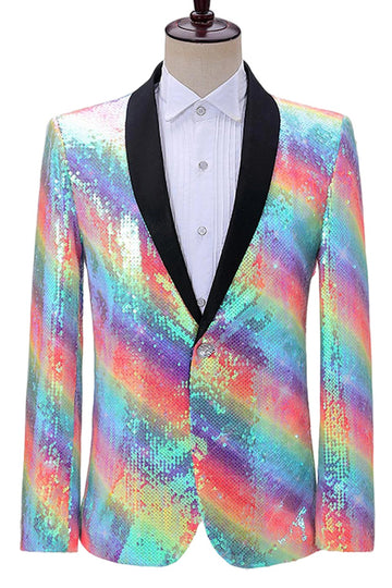 Blazer de bal pour homme scintillant à revers châle arc-en-ciel avec paillettes